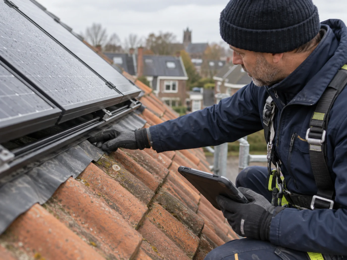Dakinspecteur controleert de montage van zonnepanelen op dakpannen