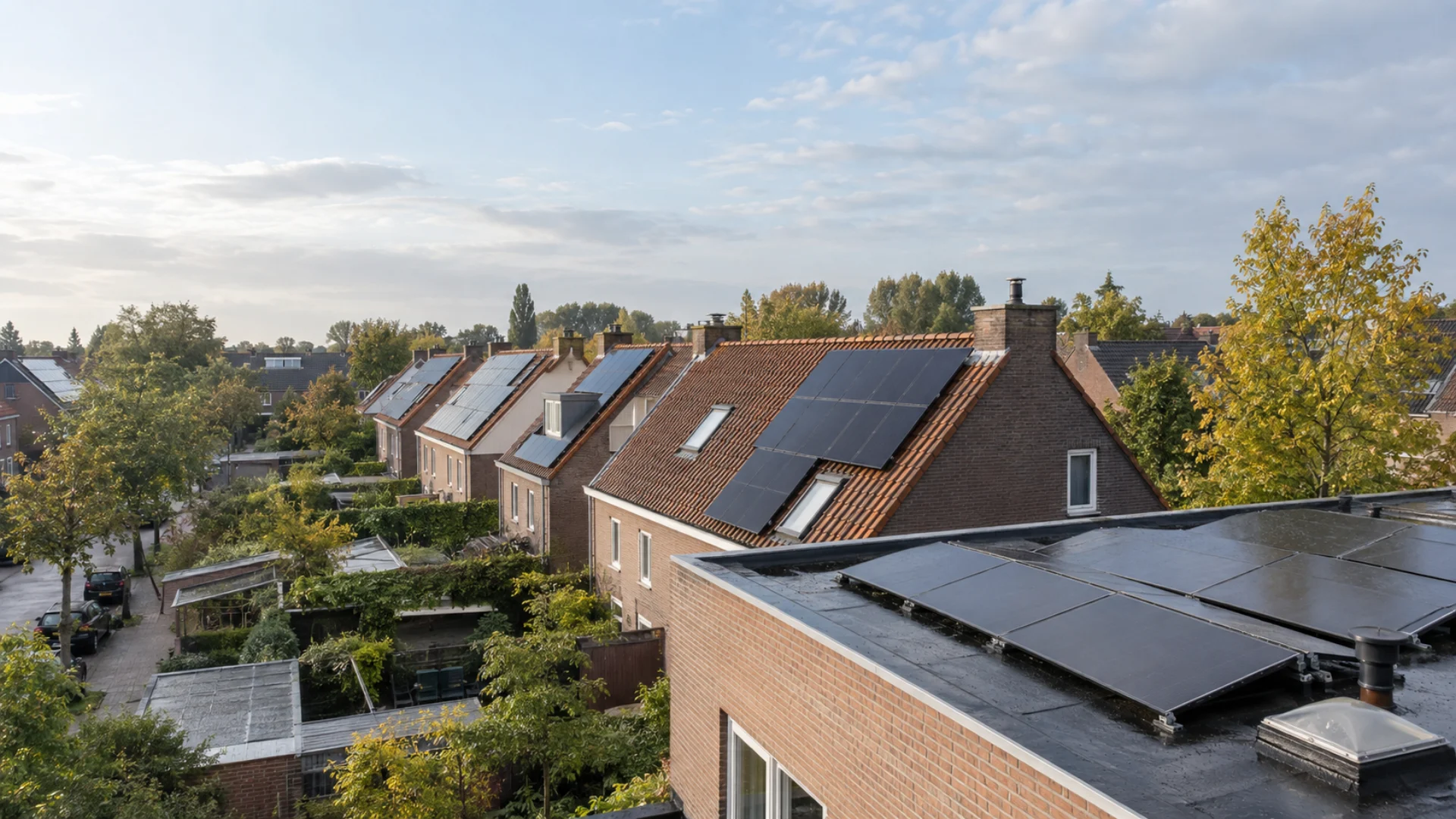 Nederlandse woonwijk met zonnepanelen op platte en hellende daken